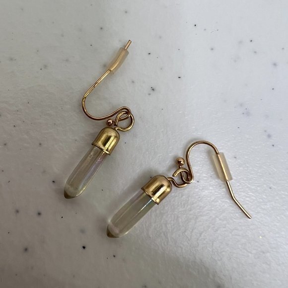 Faux‎ Crystal Earrings Drop Quartz Look Rainbow Clear Gold Tone Dangle - Picture 4 of 6